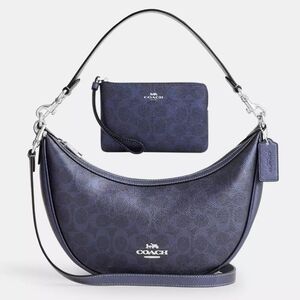 *NWT* COACH Aria Shoulder Bag & Wallet In Metallic Navy/Signature Canvas